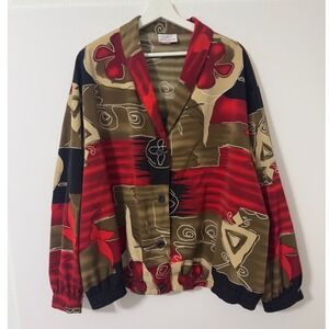 C.S.T. Studio Abstract Floral Jacket Womens Large Red Olive Button Front